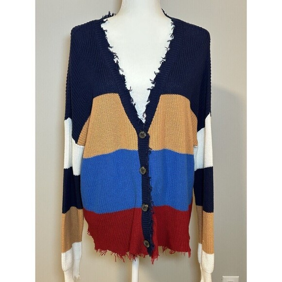 Multi Color Colorblock Distressed Knit Sweater Size Medium Long Sleeve Fringe - Picture 1 of 10